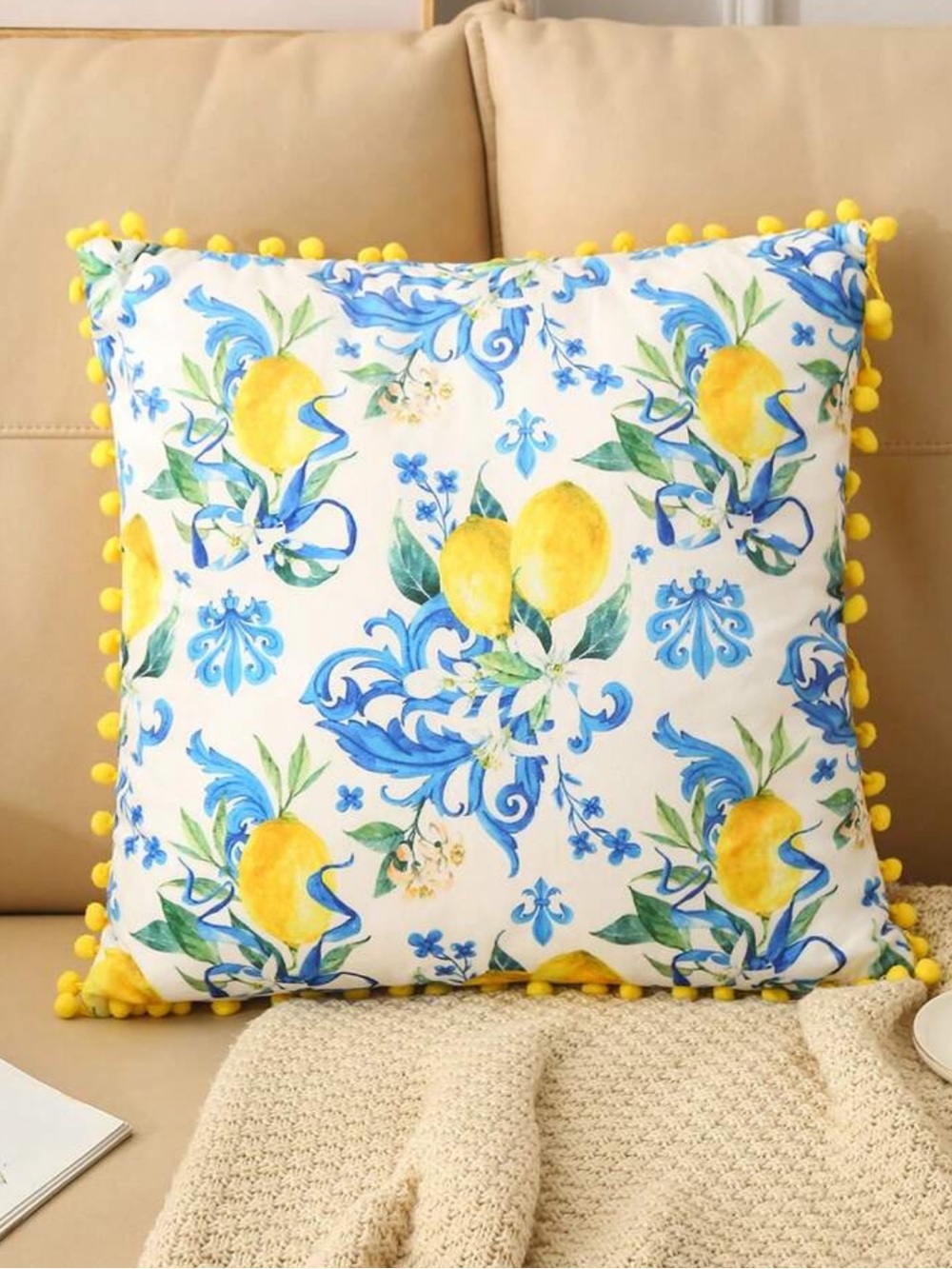 Decorative Lemon & Blue Floral Throw Pillow case with Yellow Pom Trim